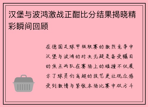 汉堡与波鸿激战正酣比分结果揭晓精彩瞬间回顾